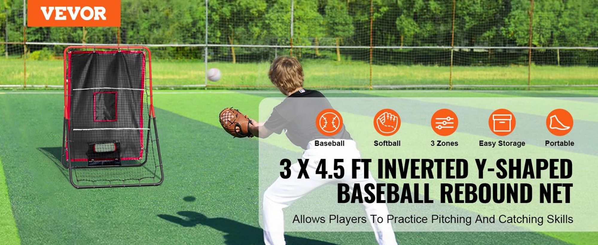 VEVOR Baseball- und Softball-Rebounder-Netz, 3,5 x 4,5 ft 2-in-1 Wechselschlagtrainer, PitchBack Baseball-Wurftrainer-Netz, Rückprallnetz für Feld- und Wurftraining