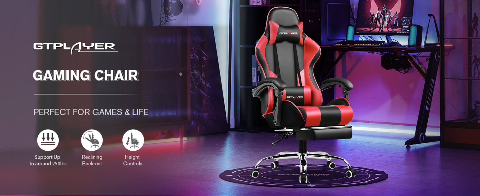 GTPLAYER Gaming-Stuhl Schreibtischstuhl, Ergonomischer Bürostuhl Mit Massagefunktion und Fußstütze, Gestänge Handlauf, Fußkreuz aus Stahl, Rot