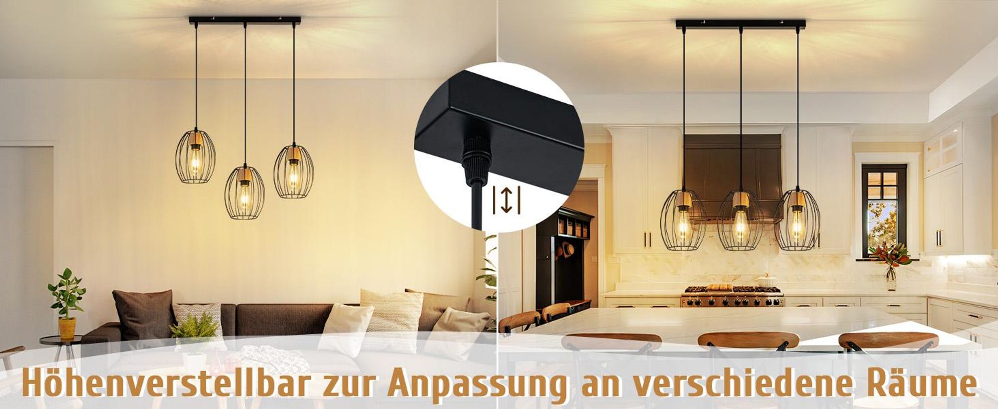 ZMH Hängelampe Vintage Pendelleuchte Esstisch - 3 flammig Esstischlampe Hängend Schwarz Hängeleuchte Metall & Holz E27 Retro Pendellampe für Wohnzimmer Schlafzimmer Küche (Ohne Leuchtmittel)