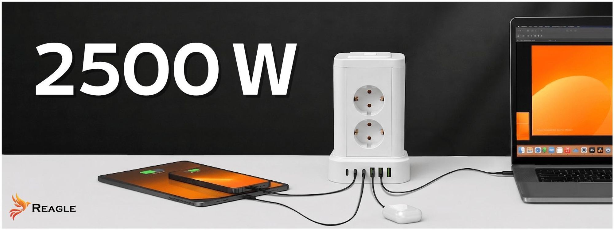 Reagle Steckdosenturm 8-fach & 6 USB (3x USB-C), 3m Kabel, Vertikale Mehrfachsteckdose mit kabellosem Laden, Überspannungsschutz 2500W, Weiß