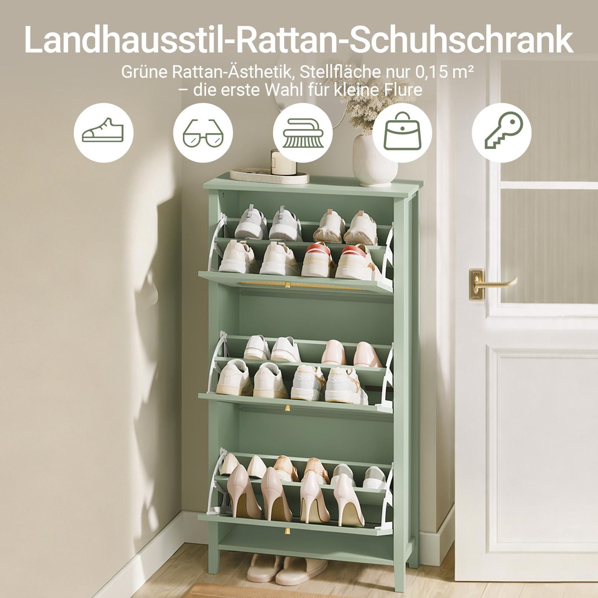 SoBuy Schuhschrank mit 3 Klappen, grün/gelb gewebt, schmal 62x25x121 cm Dreitüriger Schuhschrank mit Klappböden FSR222-GR