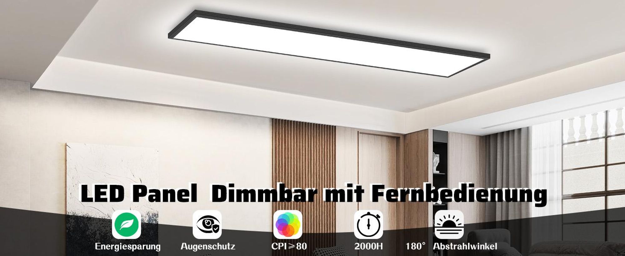 Panneau LED ZMH noir, plafonnier à intensité variable - Plafonnier plat pour bureau avec télécommande, lampe de salon 100 x 25 cm, lampe de cuisine 42 W, panneau de plafond