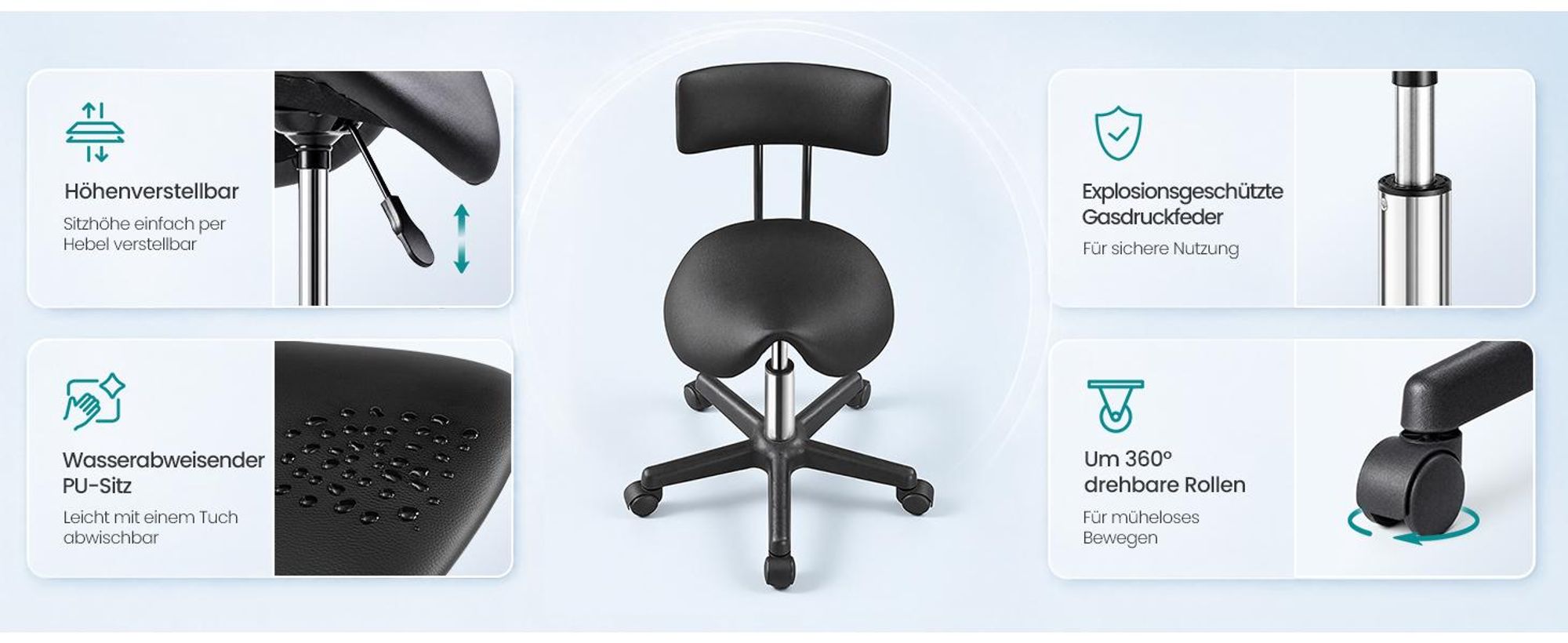 SONGMICS Sattelhocker, Ergonomischer Rollhocker aus Kunstleder, Höhenverstellbar, 56 x 56 x 68,5-82,5 cm, Schwarz