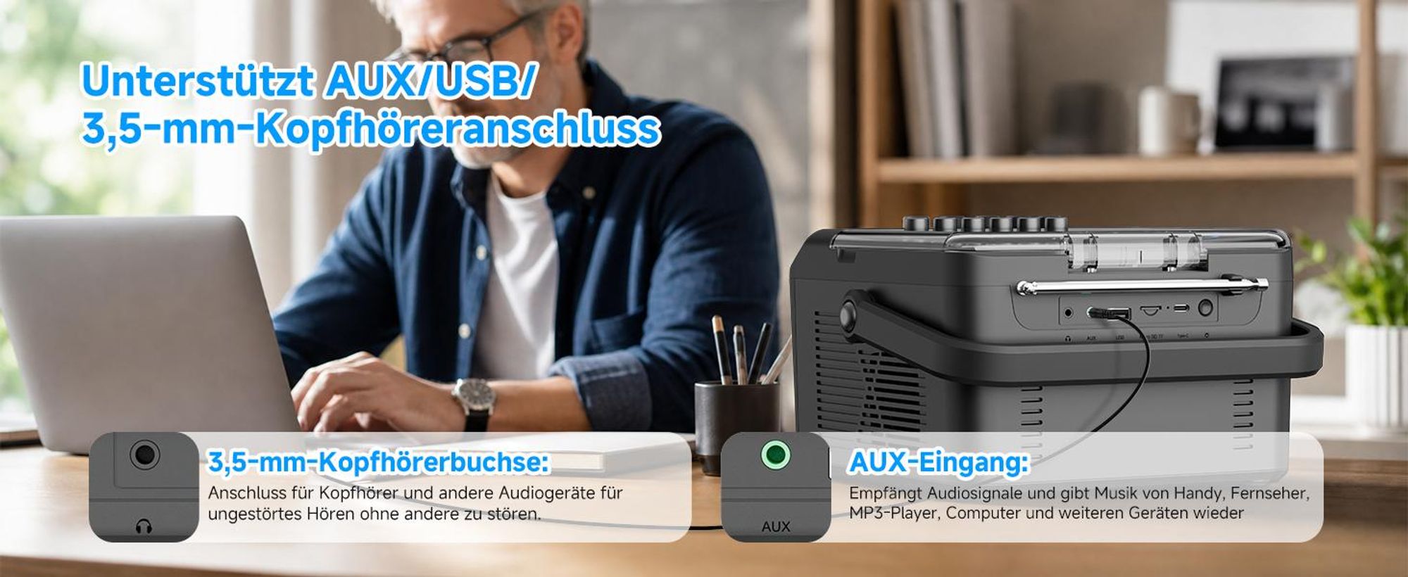 Retekess TR642 CD Player mit Kassette,3W Lautsprecher,Stereo, Bluetooth,AM/FM-Radio,AUX,5000mAh Akku,Boombox Kassettenspieler für Kinder Erwachsene