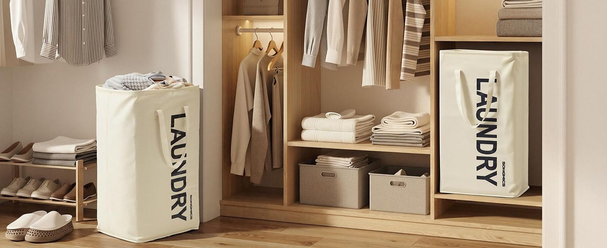 SONGMICS Wäschekorb, 80 L, Wäschesammler faltbar, Aufbewahrungskorb, mit Henkel, Wäschesack, wasserabweisend, für Waschküche, Schlafzimmer