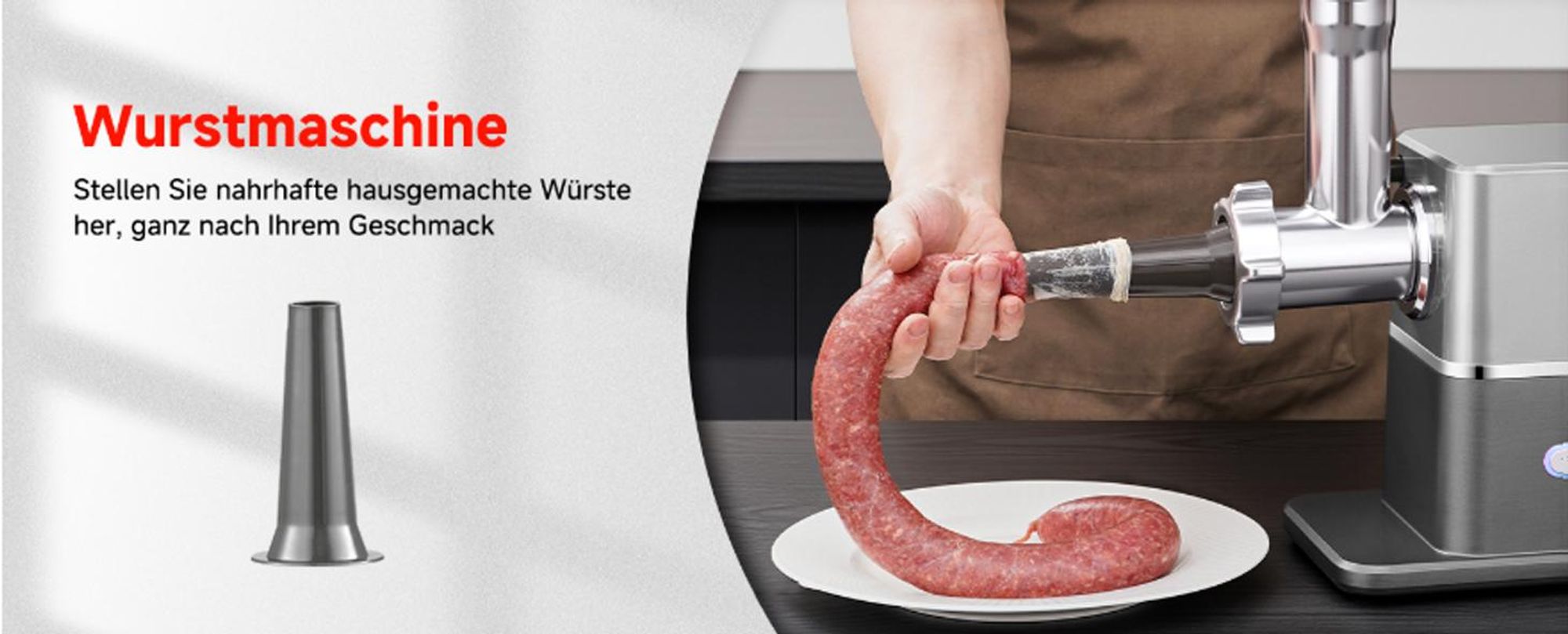 AOBOSI Elektrischer Fleischwolf 3000W Max, Leiser DC-Motor 60dB, 3 Geschwindigkeiten, 3 Edelstahlscheiben, Wurst- & Kibbe-Zubehör