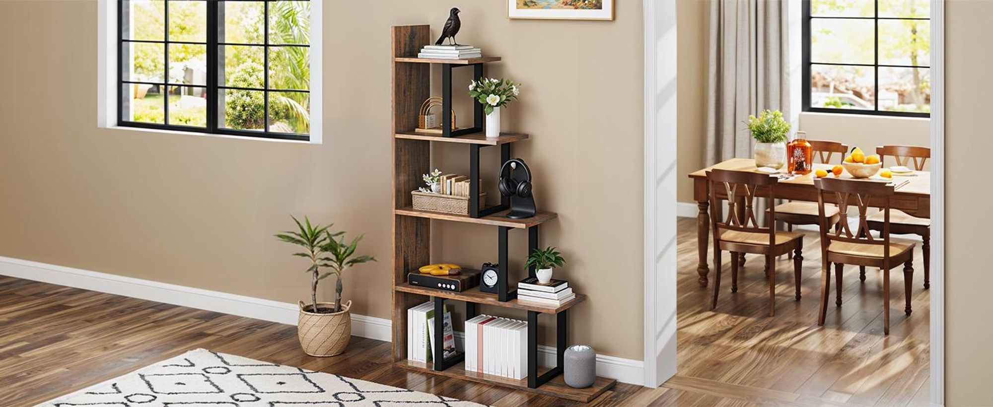 YITAHOME Bücherregal Eckregal, Treppenregal Standregal mit 5 Ebenen, 102*30*160 cm, Braun