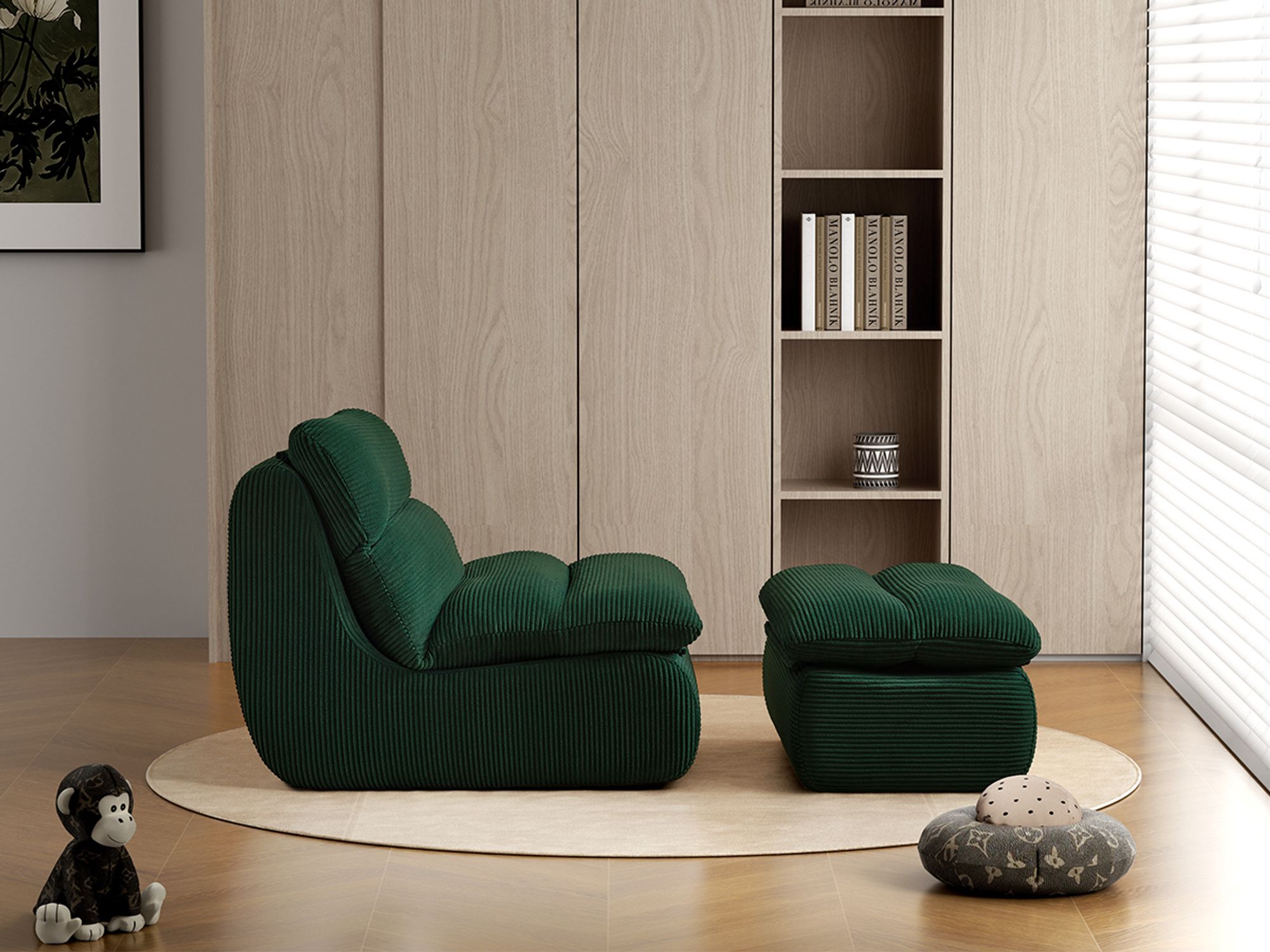 MODFU Schlafsofas mit Fußstütze, Klassische Sessel Lazy Sofa mit Abnehmbare Rückenlehne und Sitzkissen, Indoor-Sitzkissen faltbarer Meditationsstuhl für Wohnzimmer- Cordstoff, Grün