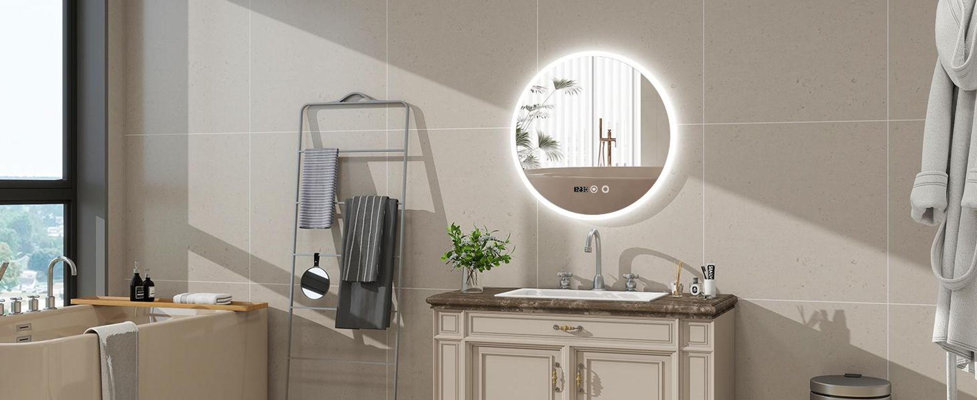 Puluomis Badspiegel beschlagfrei 70cm mit Uhr Temperatur, 3 Farbe dimmbare Helligkeit LED Beleuchtung,Badezimmerspiegel 6500k spritzwassergeschützt