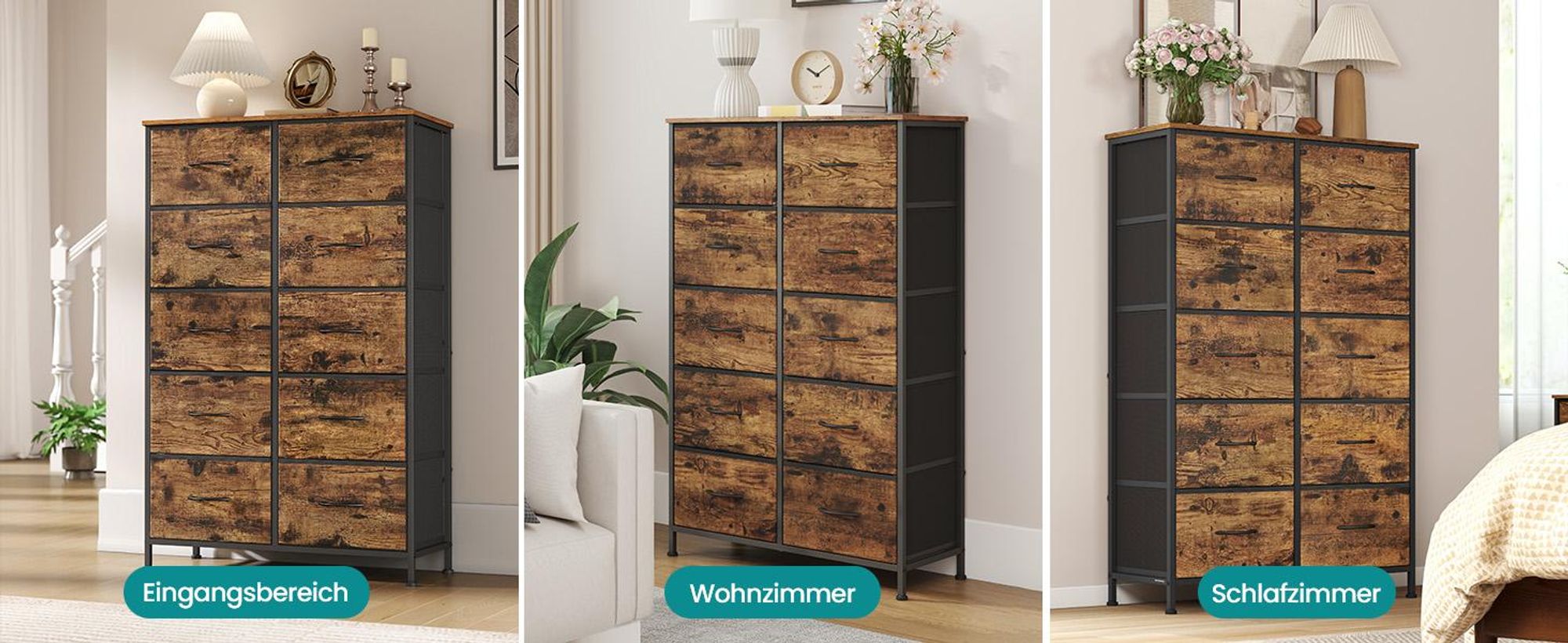 SONGMICS Kommode, Schrank, 10 Stoffschubladen, für Schlafzimmer, Flur, Wohnzimmer, braun-schwarz