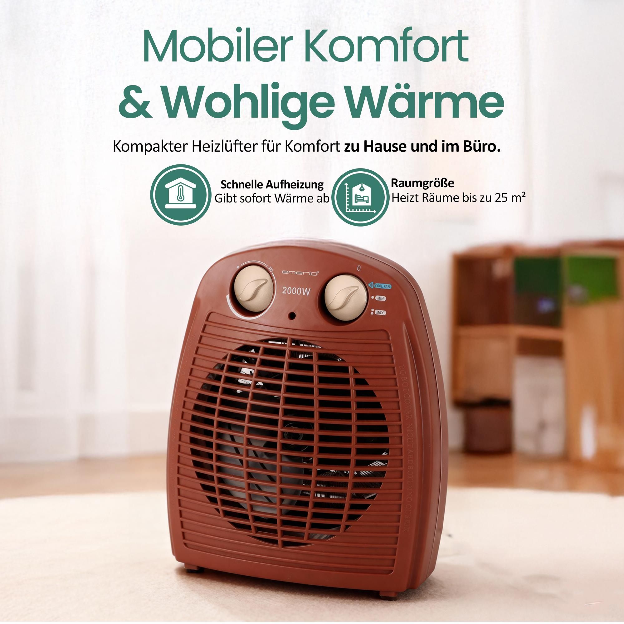 Emerio Heizlüfter FH-106737.13 – 25 m² – 2 Heizstufen – Ventilationsfunktion – einstellbarer Thermostat – Kontrollleuchte – Kippschutz – Rot