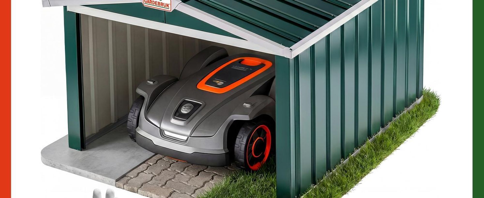 GARDEBRUK® Mähroboter Garage Metall Wetterbeständig Kabelführung 4x Erdanker Carport Rasen Garten, Farbe:Satteldach Grün