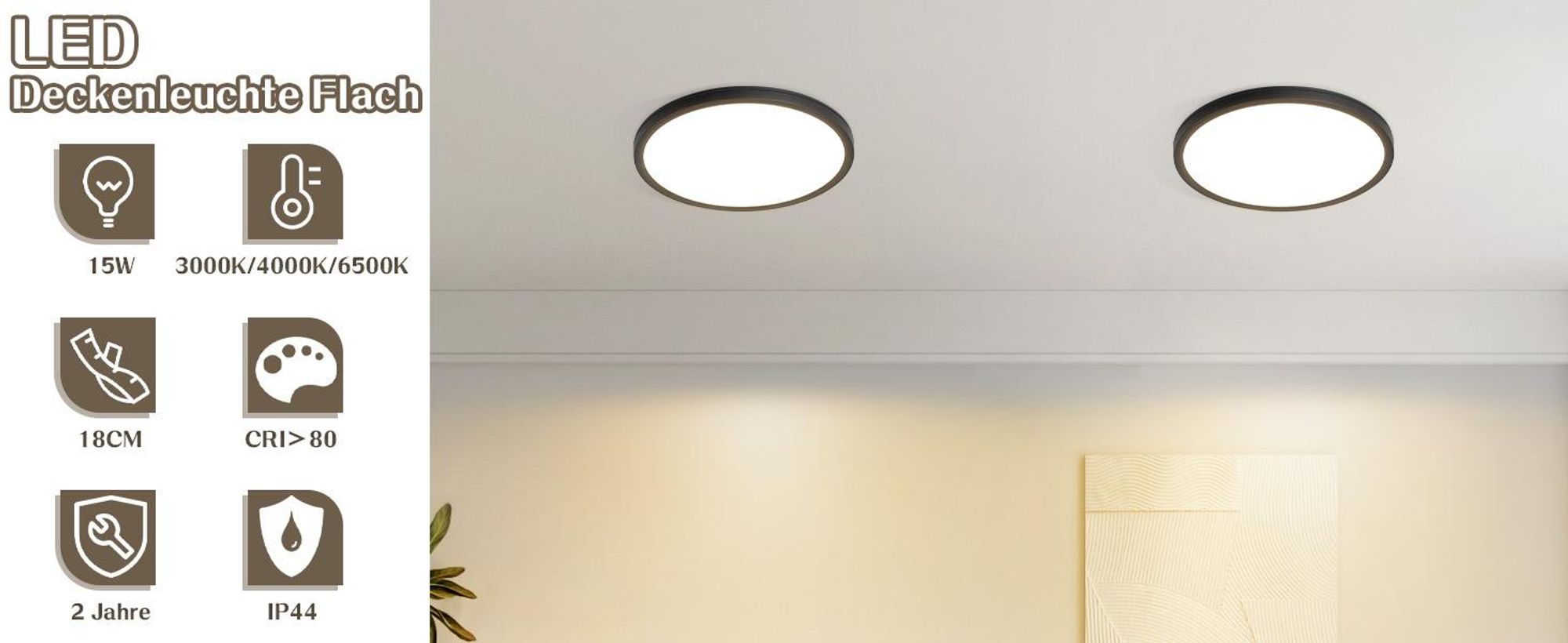 ZMH Plafondlamp LED, plat model, dimbare kleurtemperatuur (CCT), 15W, slaapkamerlamp, 18 cm, zwart. Geschikt voor badkamer, keuken, hal. Kleurtemperatuur: 3000K-6500K, ideaal voor keuken en hal