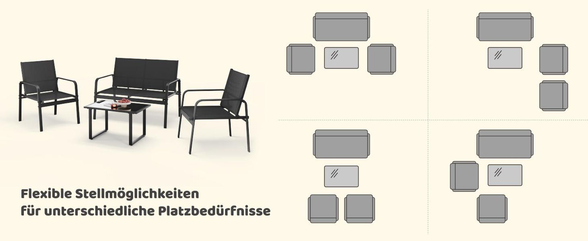 Mondeer Gartenmöbel-Set 4-teilig, Sitzgruppe mit Armlehnen & Glas-Tisch, Wetterbeständig für Balkon Terrasse Schwarz