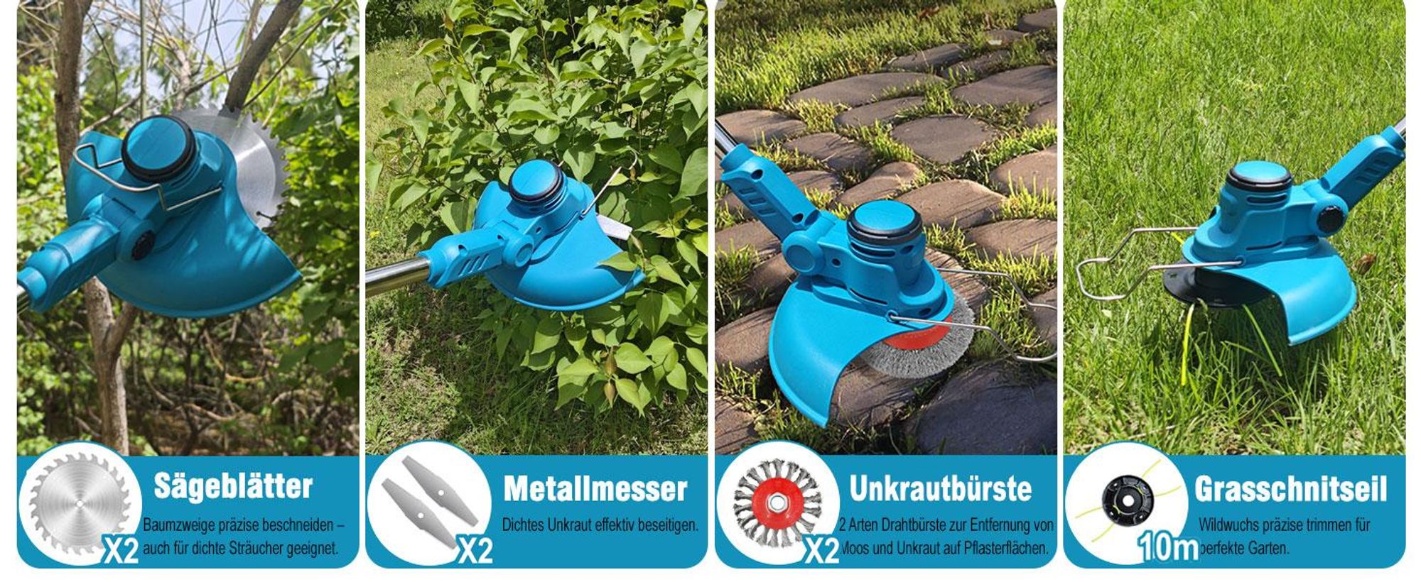 Akku Rasentrimmer 750W mit 2× 4000mAh Akkus 21V, 4 in 1 Bürstenloser Motor Rasentrimmer mit Unkrautbürste, Freischneider mit Messer und Ladegerät