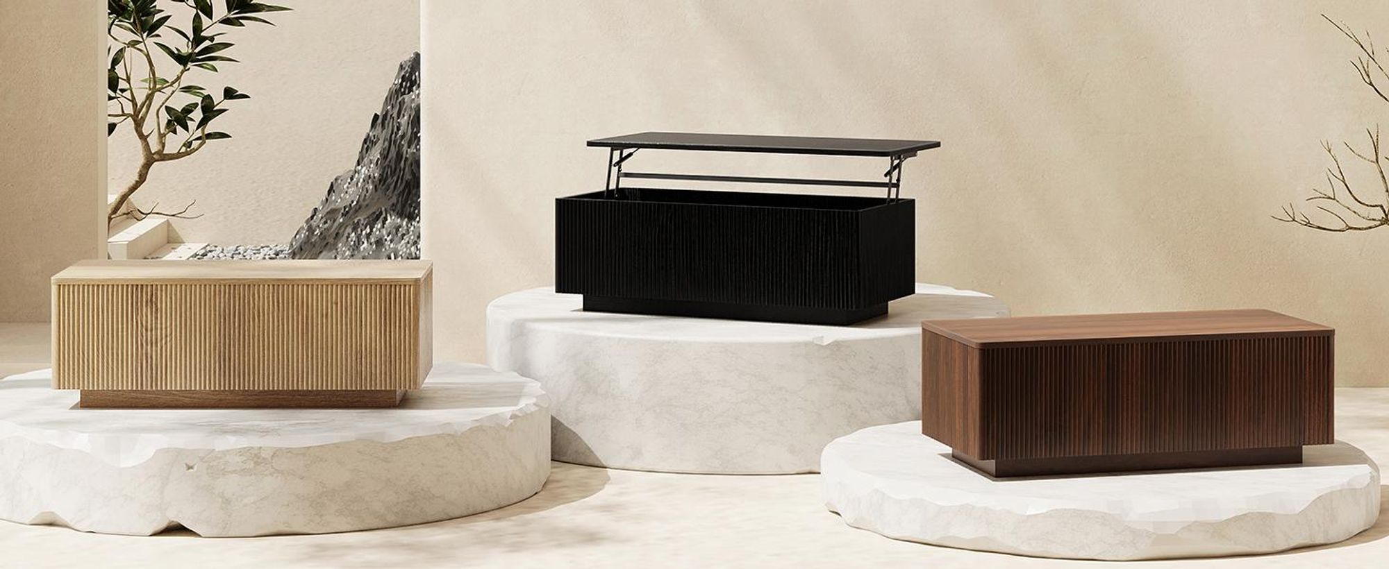FABATO Lift-Couchtisch 106 cm mit großem verstecktem Stauraum, rechteckiges Fluted-Design mit abgerundeten Ecken, aufklappbar, Holz-Optik