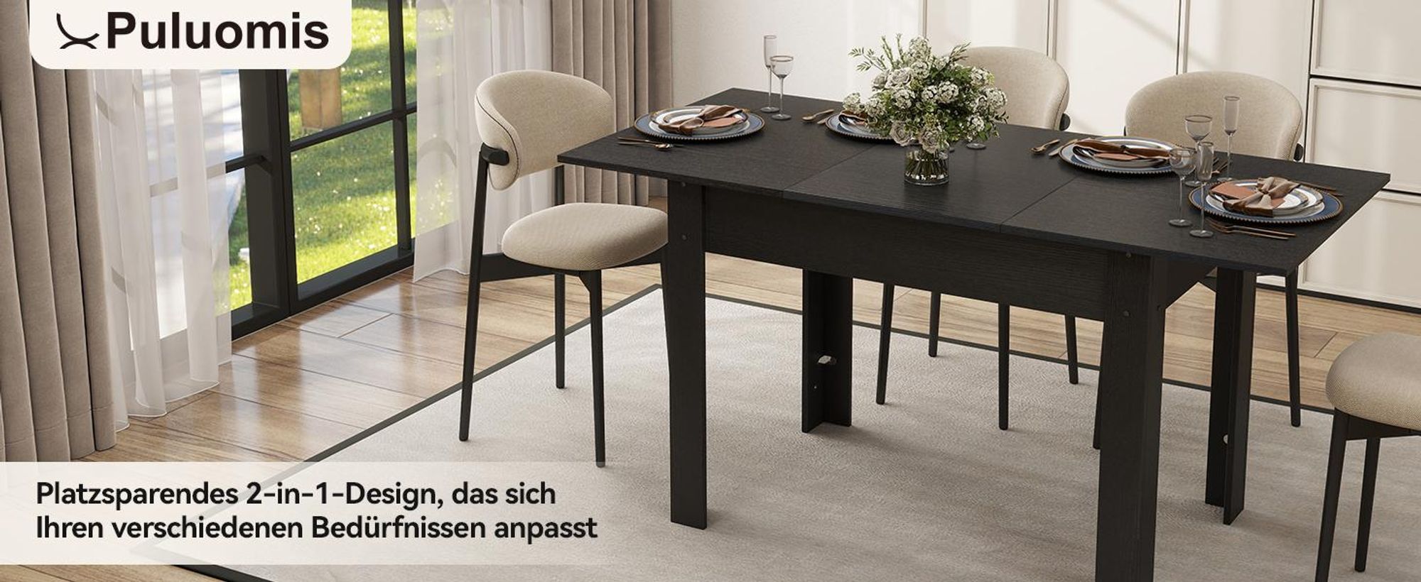 Puluomis Ausziehbarer Esstisch, Erweiterbarer Tisch 70x105-150cm, Klapptisch mit Verstärkter MDF-Platte, Küchen-/Wohnzimmertisch schwarz