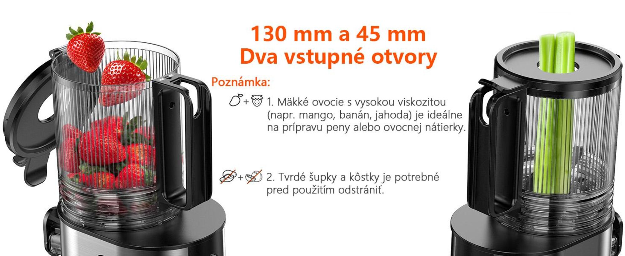 CelerySpec SJ-048-EU-SS Pomalý Odšťavovač - 250W Výkon 1.8L Veľká kapacita Dva podávacie otvory s priemerom 130 mm a 45 mm - strieborná