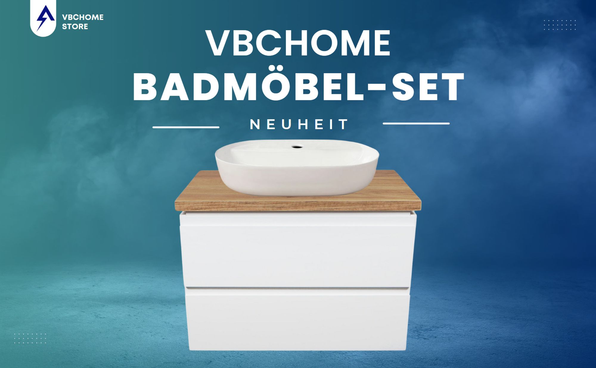 VBChome Badmöbel 80 cm Weiß Aufsatzwaschbecken mit Hahnloch 60x40 cm Aufsatzwaschtisch mit Waschbeckenunterschrank 2 Schubladen Badezimmerschrank