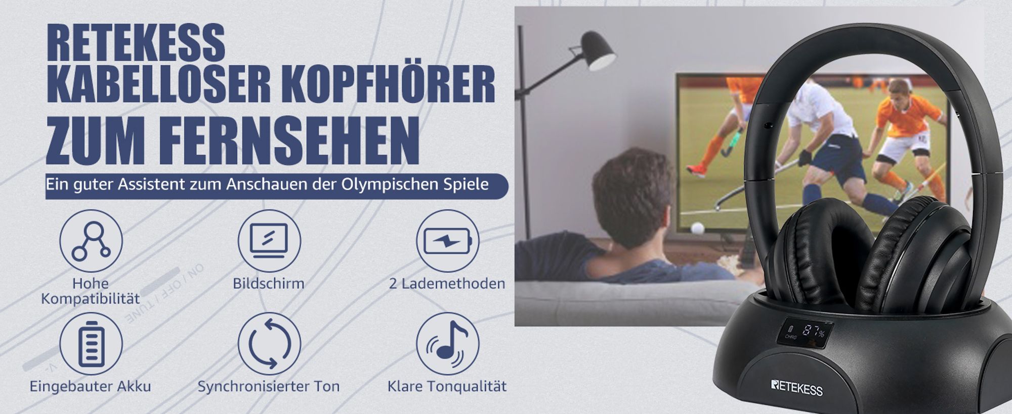 Retekess TA006 Kabellose Kopfhörer für Fernseher, funkkopfhörer mit Bildschirm, 30 m, RCA Eingang, Koaxialkabel, Audioleitung, für Sportspiele ansehen