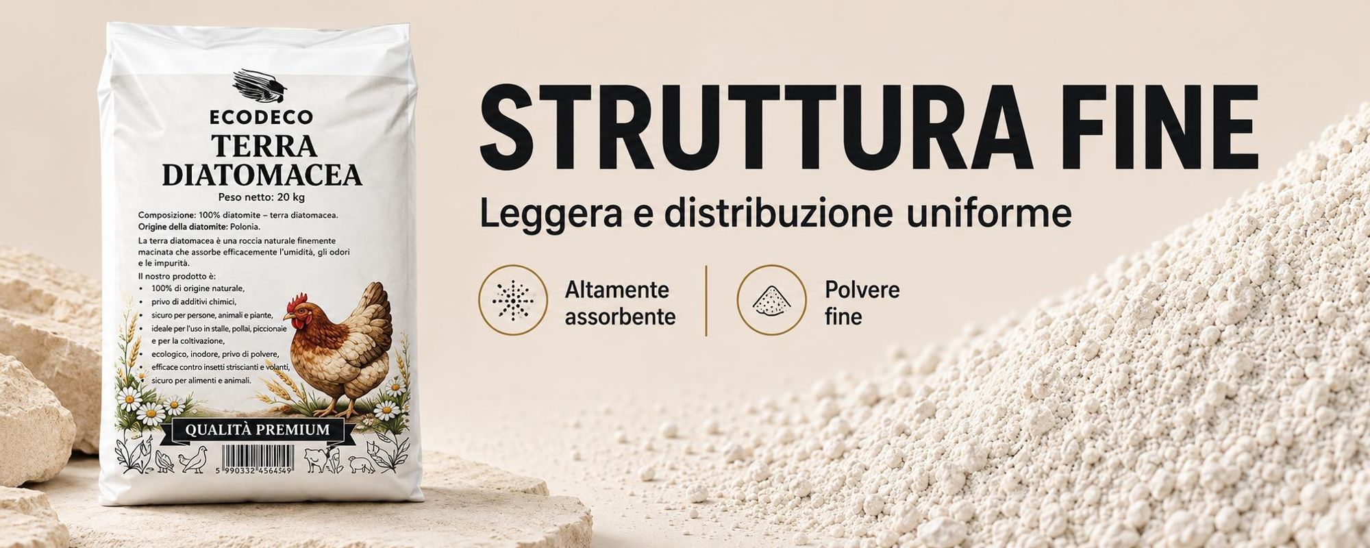 Ecodeco: Terriccio di diatomee da 20 kg, ideale per pollaio, lettiera e allevamento di animali – assorbente minerale, inodore