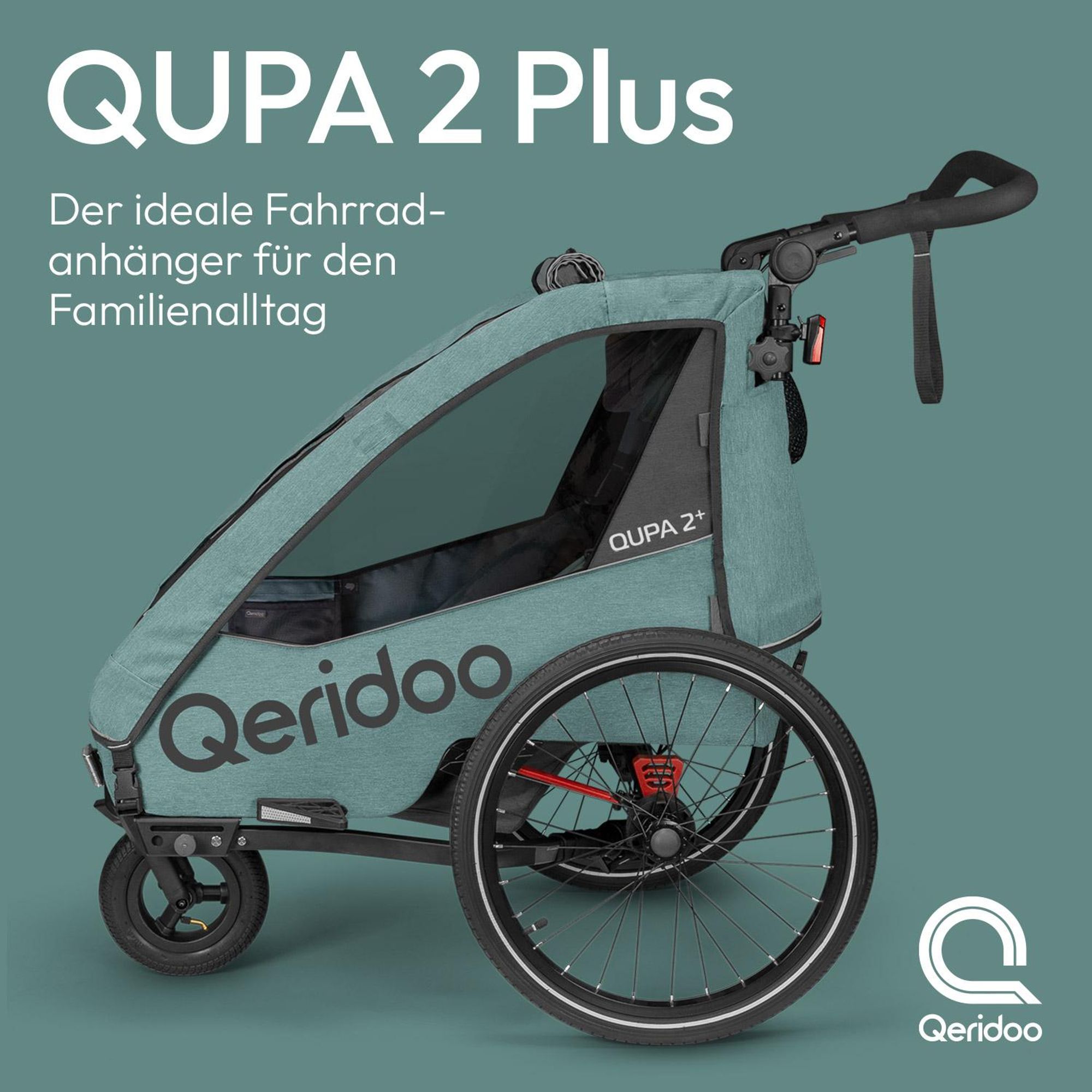 Qeridoo QUPA Plus 2 - Kinderfahrradanhänger für 2 Kinder, Farbe: Mineral Blue