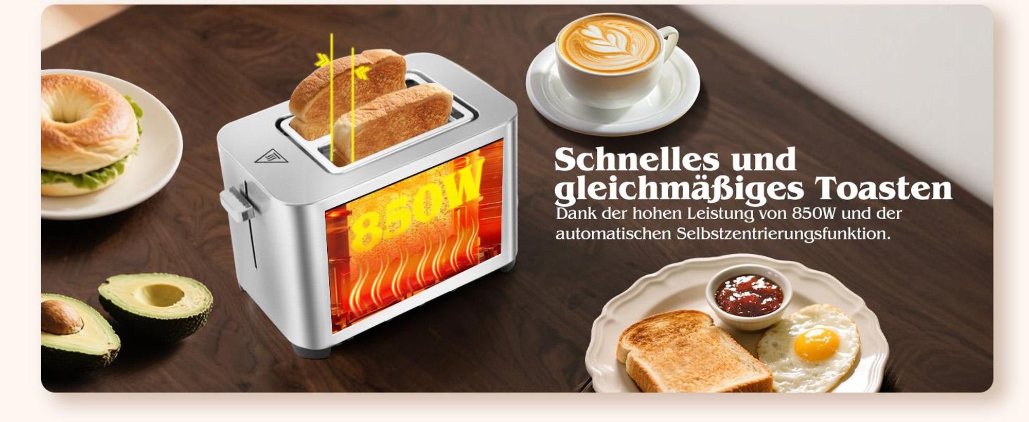 Aigostar - Toaster 2 Scheiben, 6 Bräunungsstufen, LED-Touchscreen, 4 cm extra breite Toastschlitze & Brotzentrierung, Edelstahl, 850W