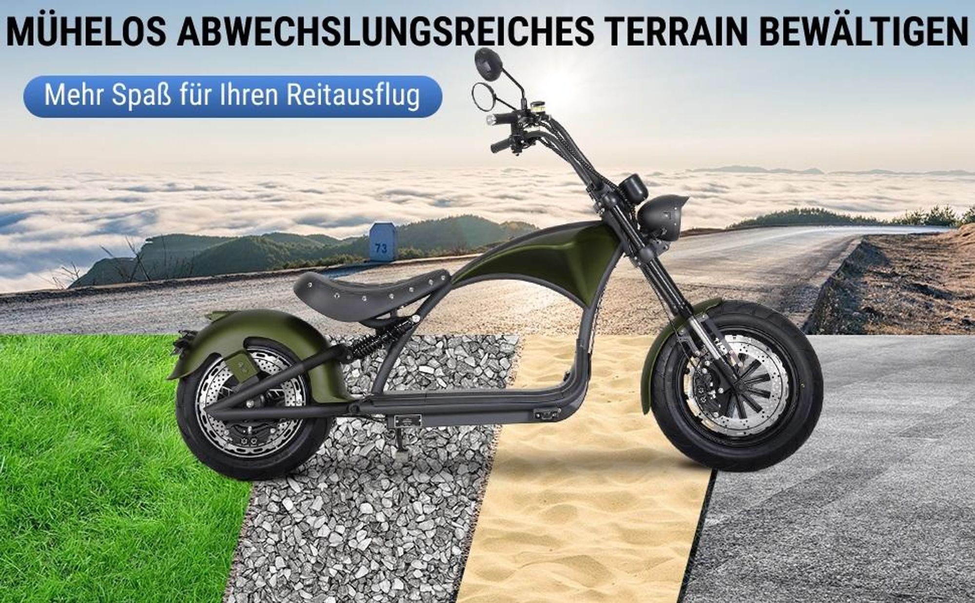 M1P E-Chopper Elektro-Kleinkraftrad 45 km/h, 2000W, 60V 30Ah Lithium-Akku, 80 km Reichweite, Hydraulikbremsen, Federung, abnehmbarer Akku, 200 kg