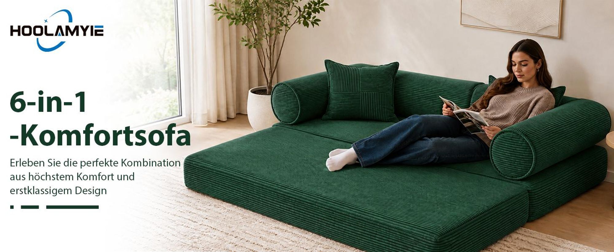 HOOLAMYIE 6-in-1 Modulares Schlafsofa aus Cord, Klappbares Polstersofa mit Seitentasche, montagefrei, Bodensofa 2-Sitzer, Grün