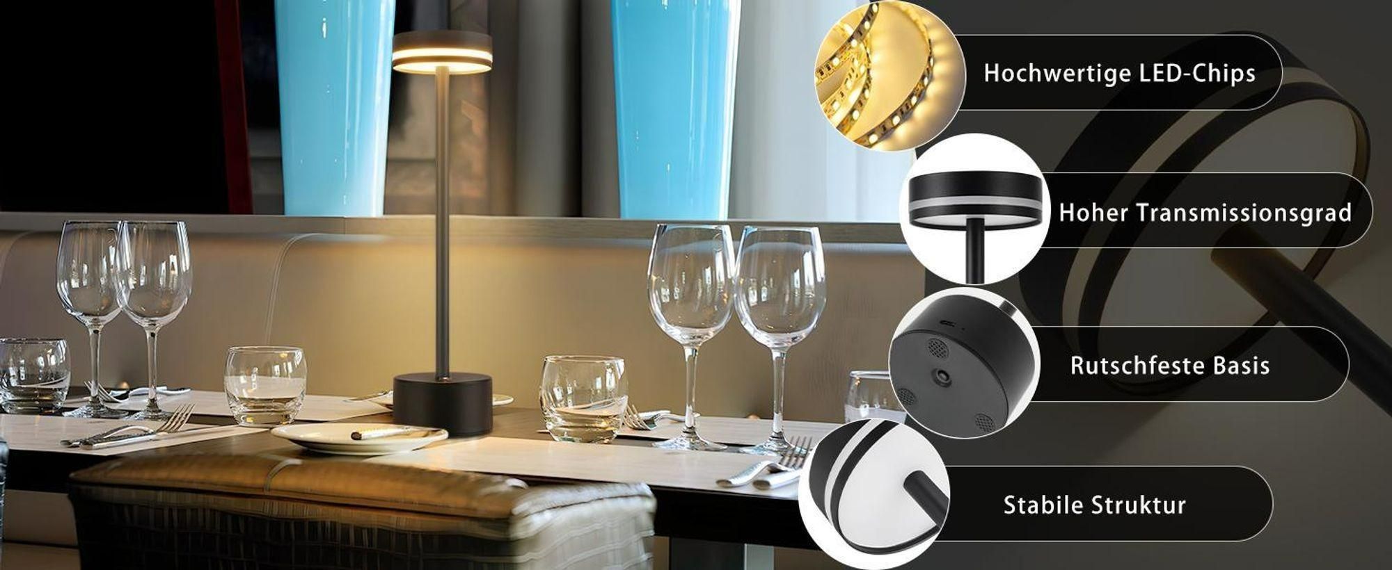 2 Stk Tischlampe,Led Tischleuchte Metall,Kabellos Dimmbar Tischleuchte,Touch Steuerung Augenschutz Leselampe,USB Wiederaufladbare,Schwarz