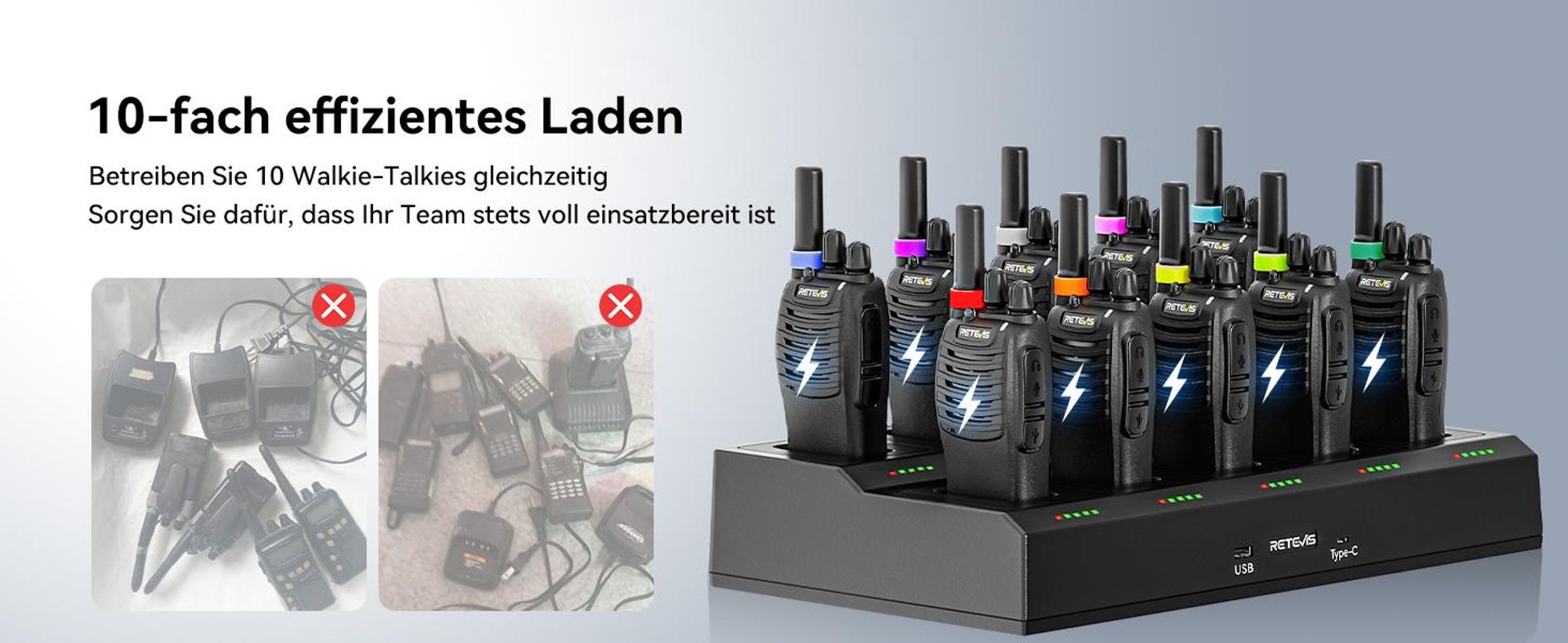Retevis H777 Funkgeräte, PMR446 Funkgeräte Set Professionell, mit 10-Fach Ladegerät, mit Headset, USB-C, Handfunkgerät für Gewerbe Sicherheit Schule
