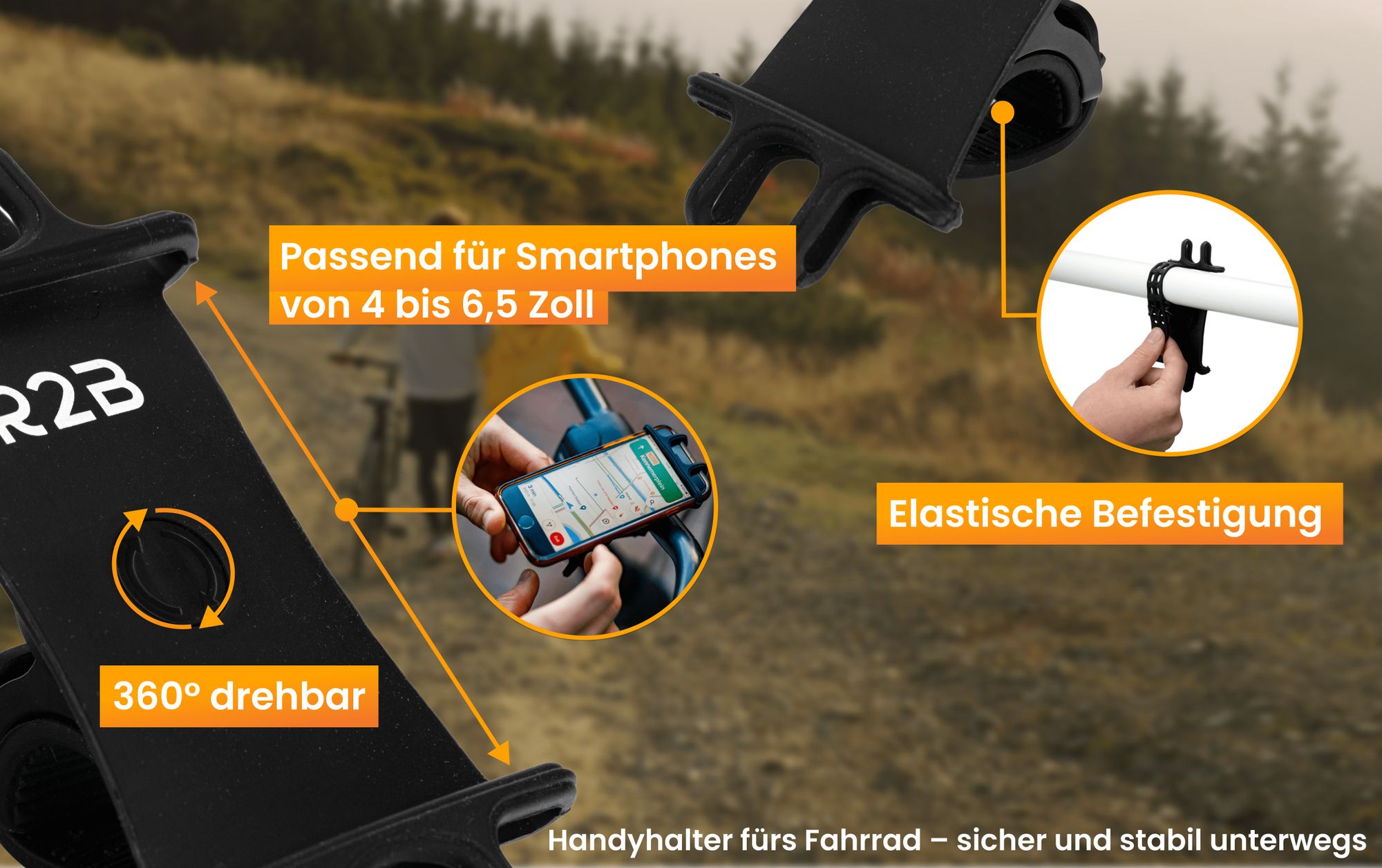 R2B Handy Halterung Fahrrad - Universal elastisch fahrrad Handyhalterung, Handyhalter fahrrad für Mountainbikes, Motorräder und Motorroller
