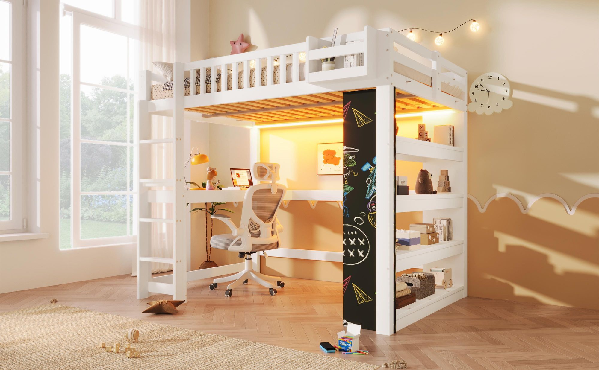 Merax Etagenbett Hochbett 140x200 cm, Kinderbett Jugendbett mit Schreibtisch, Regal, Kreidetafel, LED-Beleuchtung, Stauraumfächern, Stockbett, Weiß