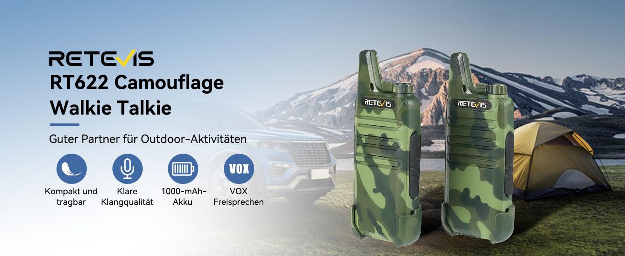 Retevis RT622 Walkie Talkie, 16 Kanäle, Outdoor Mini, VOX, Wiederaufladbares Funkgeräte für Erwachsene mit Großer Reichweite für Radfahren, Camping