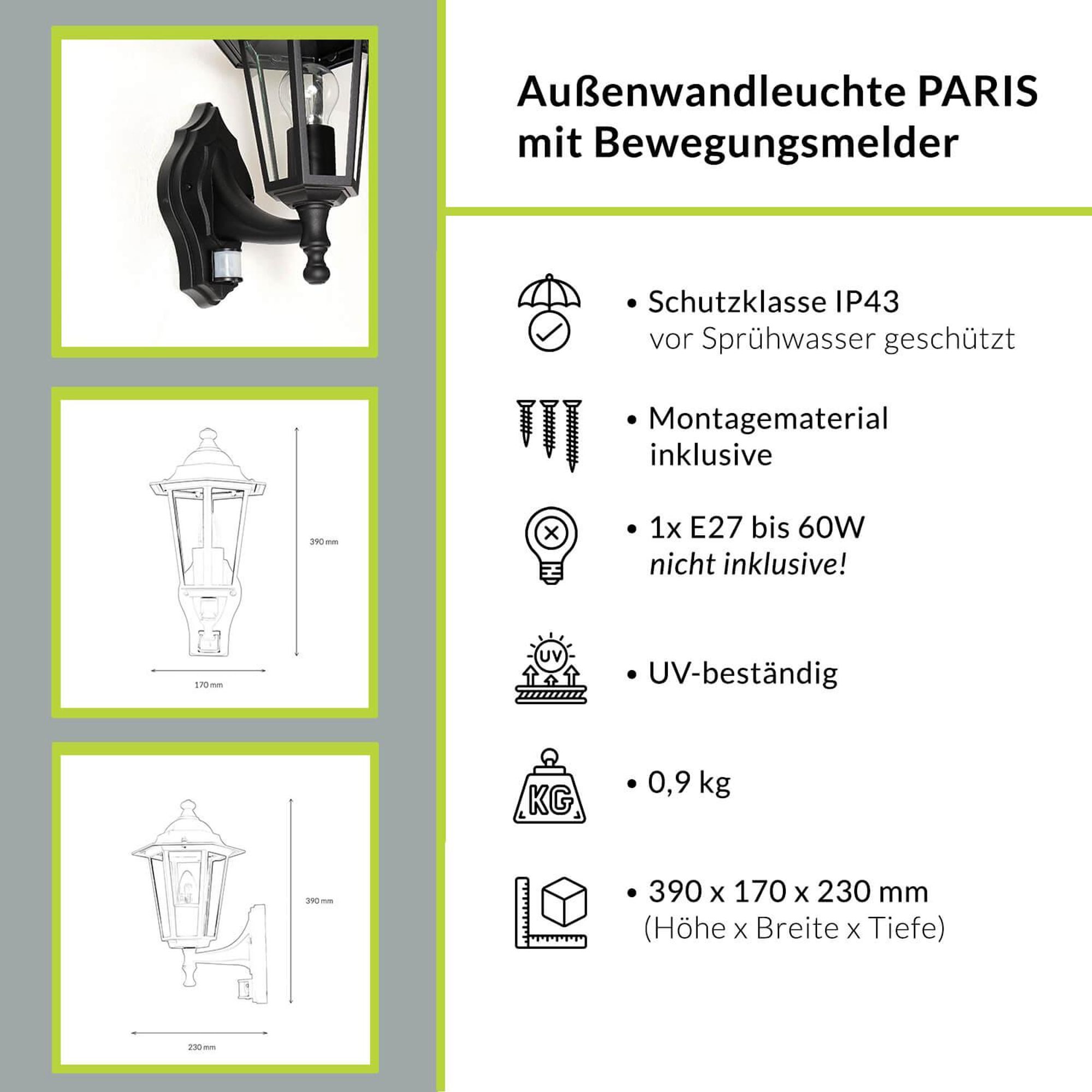 Highlights der PARIS Außenlampe für die Wand