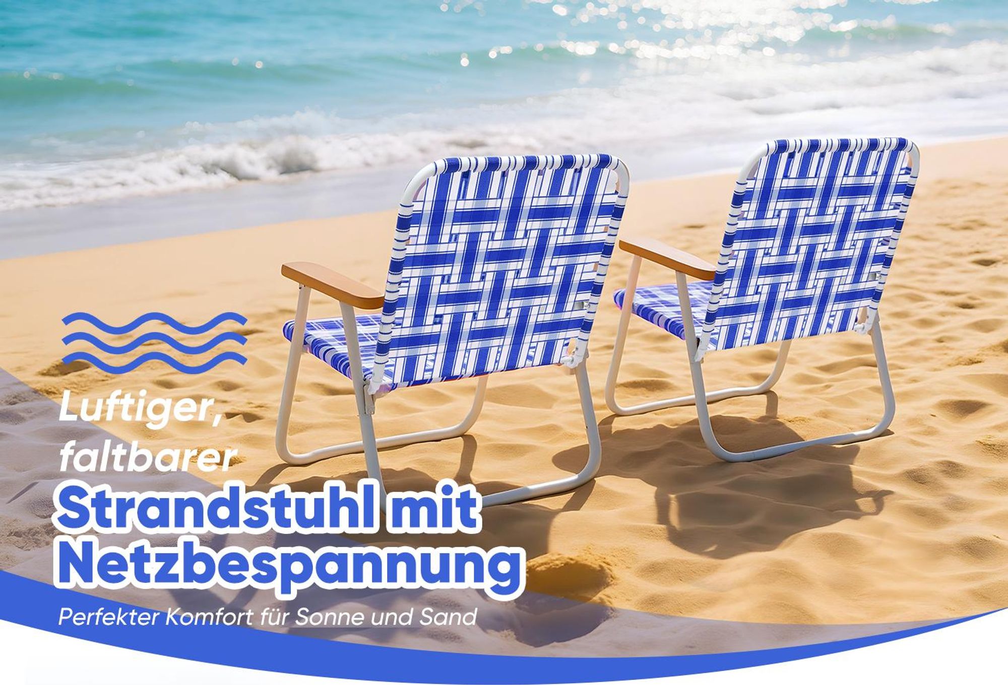 Sekey Strandstuhl Faltbar Campingstuhl Atmungsaktiver Gartenstuhl Klappbar bis 150kg, Blau und Weiß