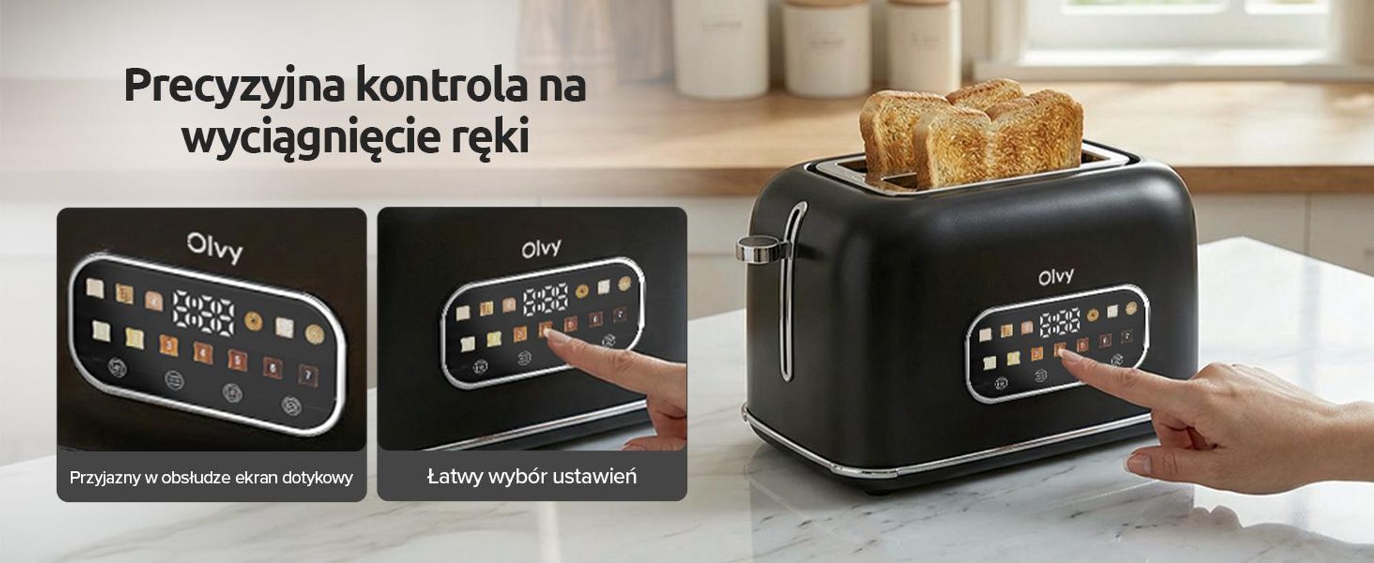 Toster Olvy, ekran dotykowy z timerem, 7 stopni opalania, bardzo szerokie szczeliny, 6 programów, w tym bagel i gofr, funkcja rozmrażania i podgrzewania, czarny