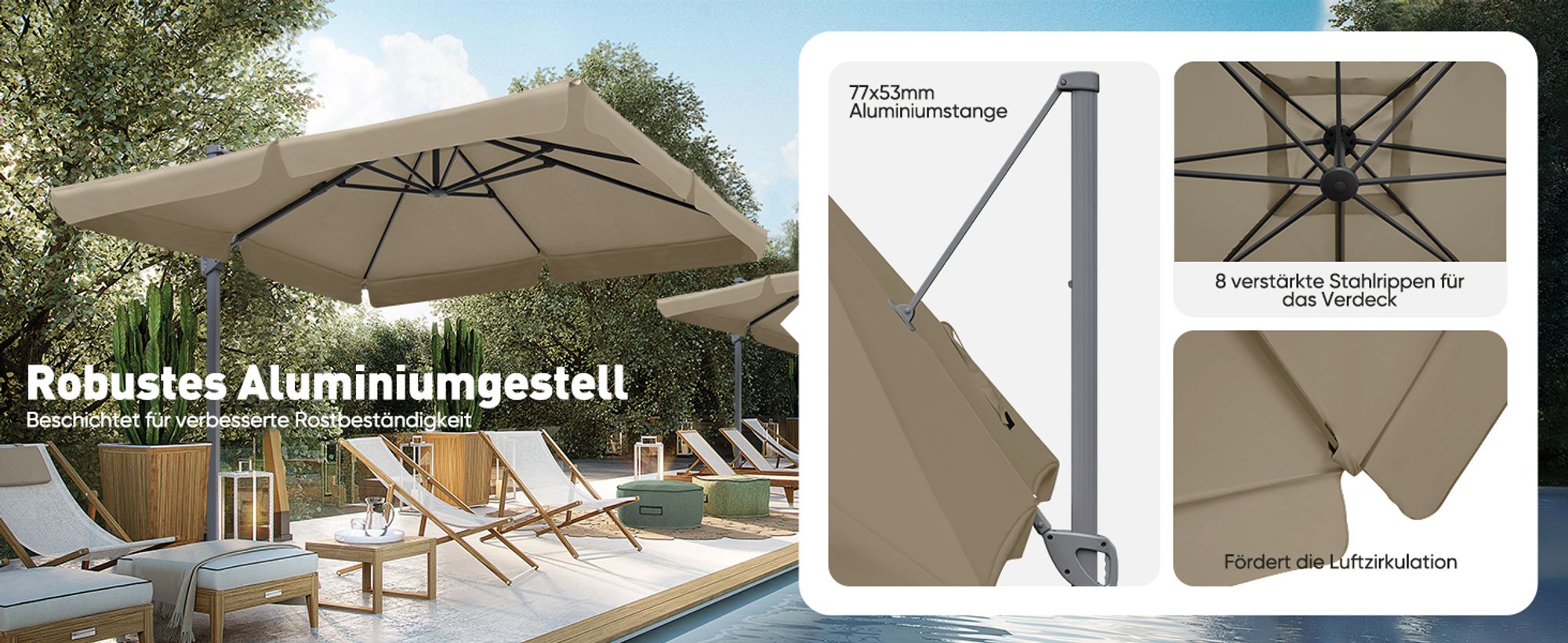 Sekey Sonnenschirm 300 ×300 cm Aluminium Ampelschirm Rechteckig Marktschirm 360° drehbar Sonnenschutz UV 50+ Marktschirm mit Schirmständer
