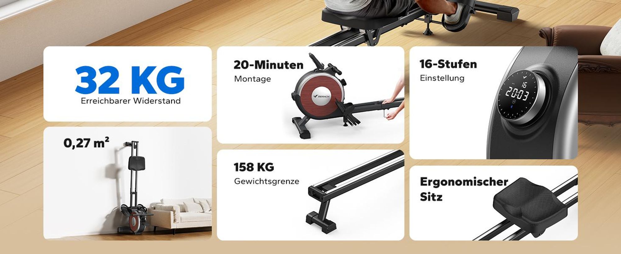 Klappbares magnetisches Rudergerät – leise, 16 Stufen Widerstand, Doppel-Schienen, Bluetooth-App & Tablet-Halter, LCD-Display, bis 158 kg, Heimfitness