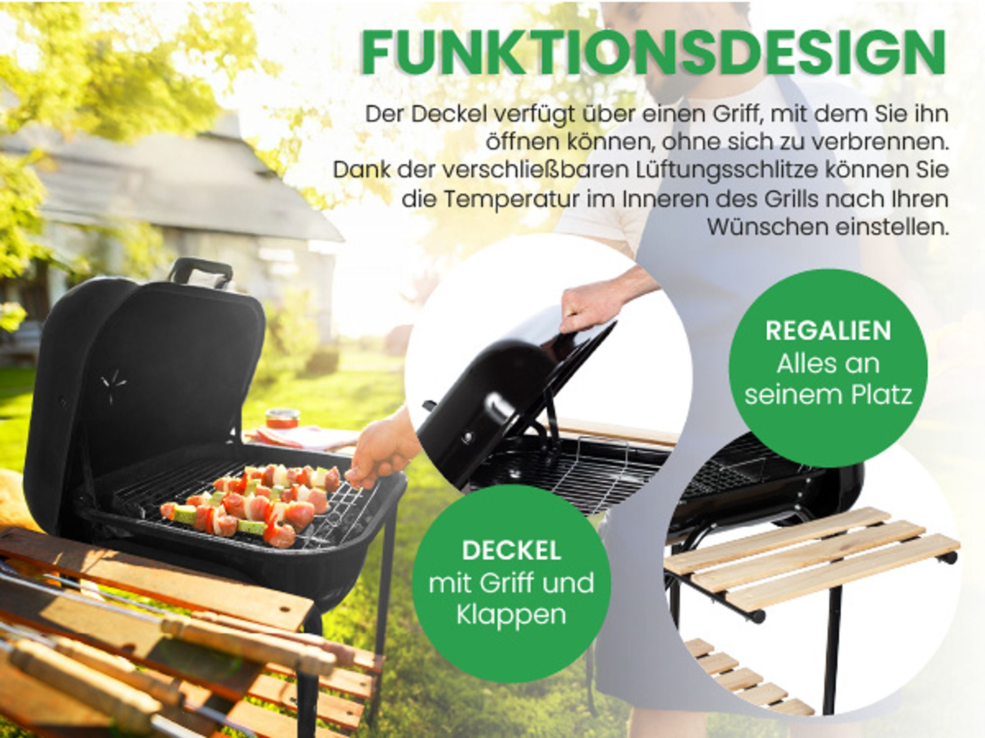 Schwarzer Holzkohle-Gartengrill mit Deckel und Regalien