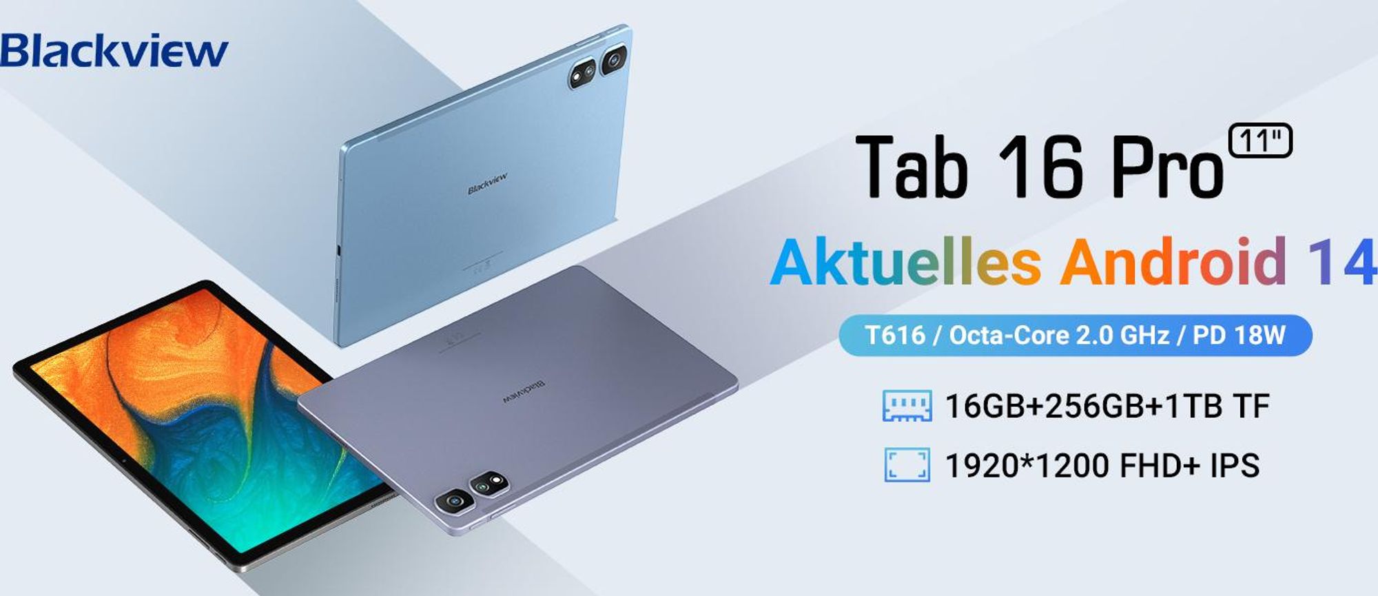 Blackview Tab 16 Pro, 8GB+256GB, Dual-4G, GPS/Glonass, 11-Zoll-IPS-Display, 503g/7,45mm Leicht, 7700mAh Akku, 18W Schnellladung, UNISOC T616 Octa-Core