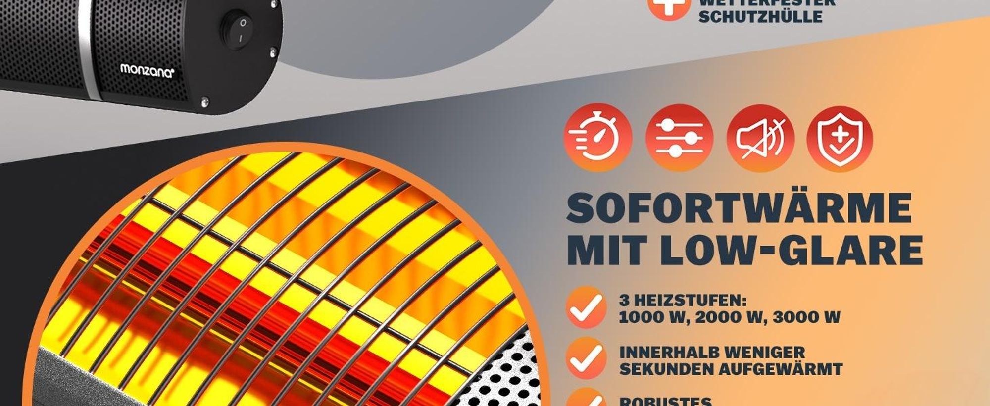 MONZANA® Infrarot Heizstrahler Goldröhre 3000W App Steuerung 3 Stufen Fernbedienung Outdoor Wärmestrahler Terrassenheizer Terrassenstrahler Silber