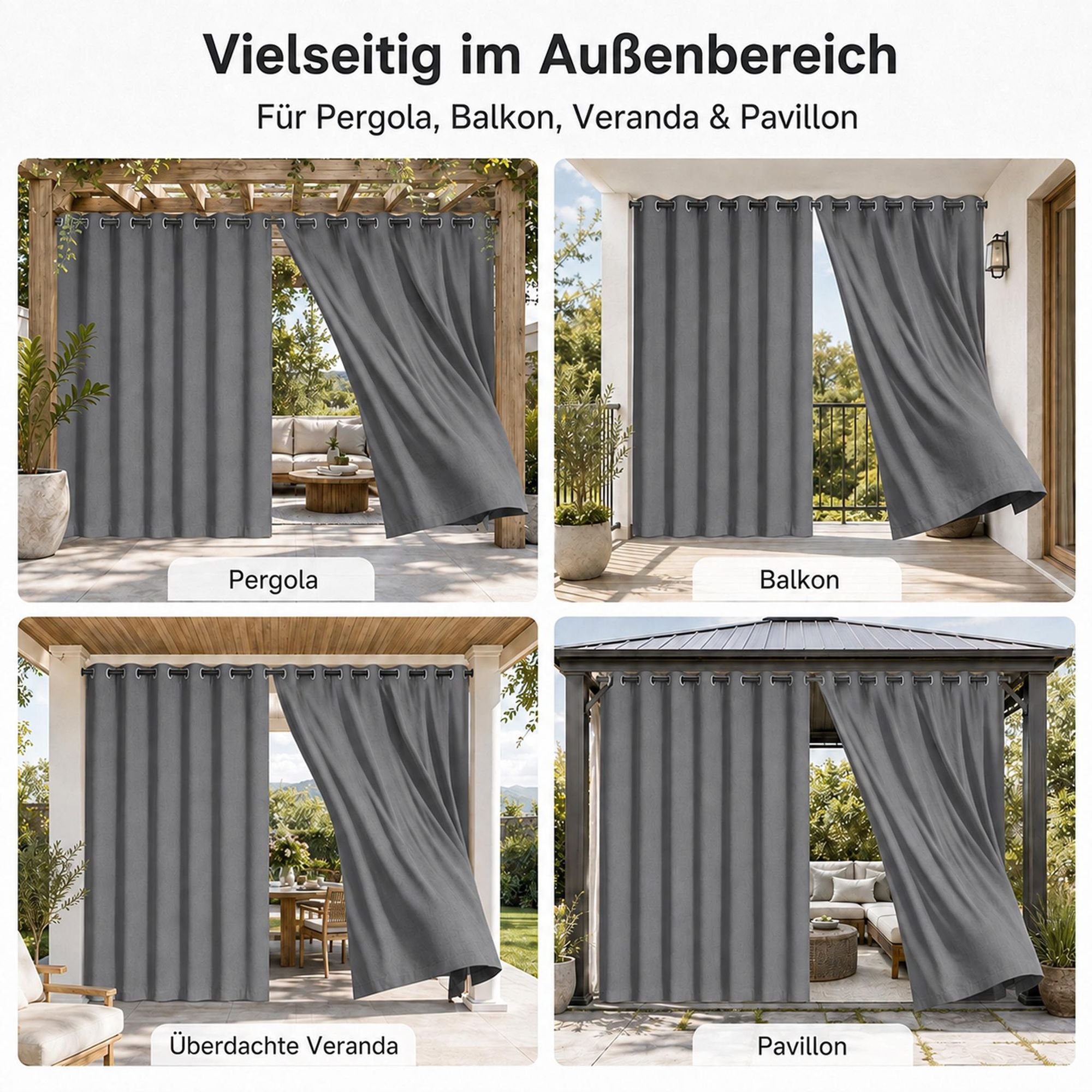 Outdoor Vorhang mit Ösen Grau 254 x 244 cm Winddicht Thermo Gardine Extra Breit 100% Verdunkelung UV Schutz Blickdicht Balkonvorhang für Pavillon Terrasse