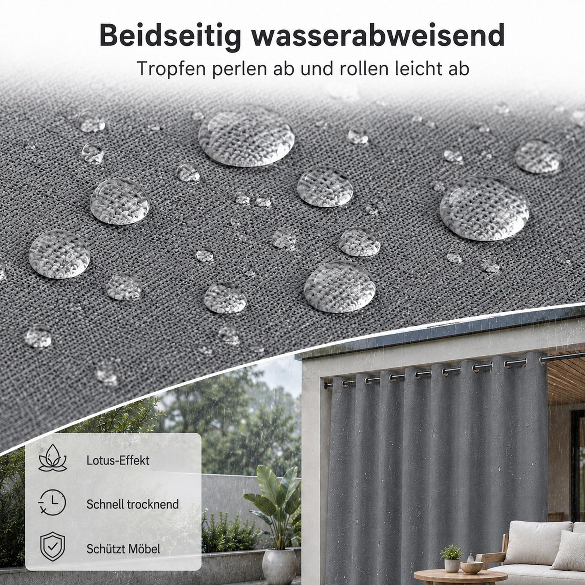 Outdoor Vorhang mit Ösen Grau 254 x 244 cm Winddicht Thermo Gardine Extra Breit 100% Verdunkelung UV Schutz Blickdicht Balkonvorhang für Pavillon Terrasse