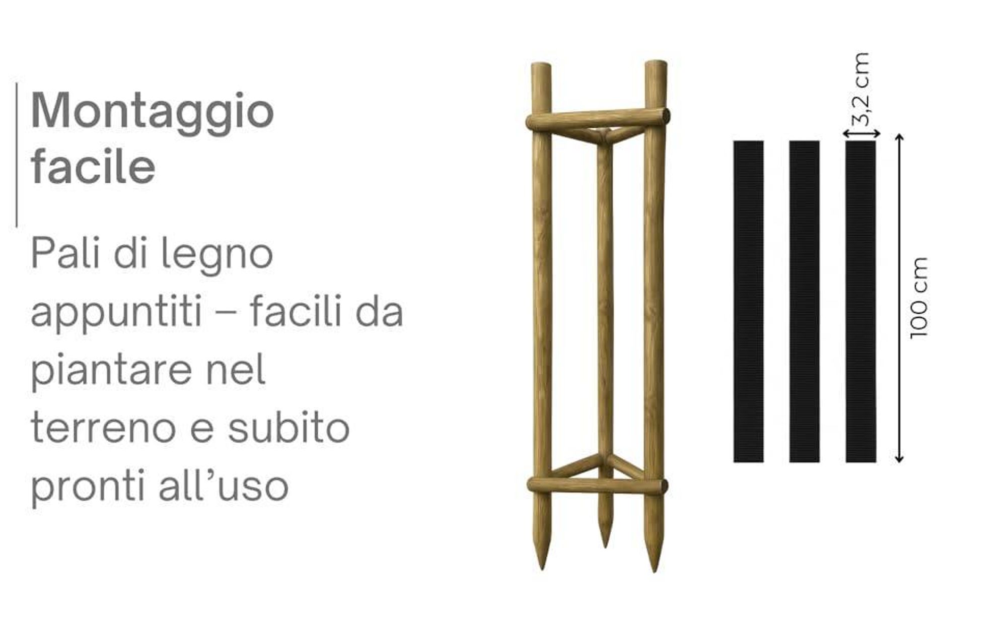 TIMBERMIK Kit Tutto Incluso per Sostegno Alberi Ø 7 cm 220 cm – 3 Pali in Legno 3 Cinghie Nere 6 Semicerchi Legno Supporto Piantagione Giardino