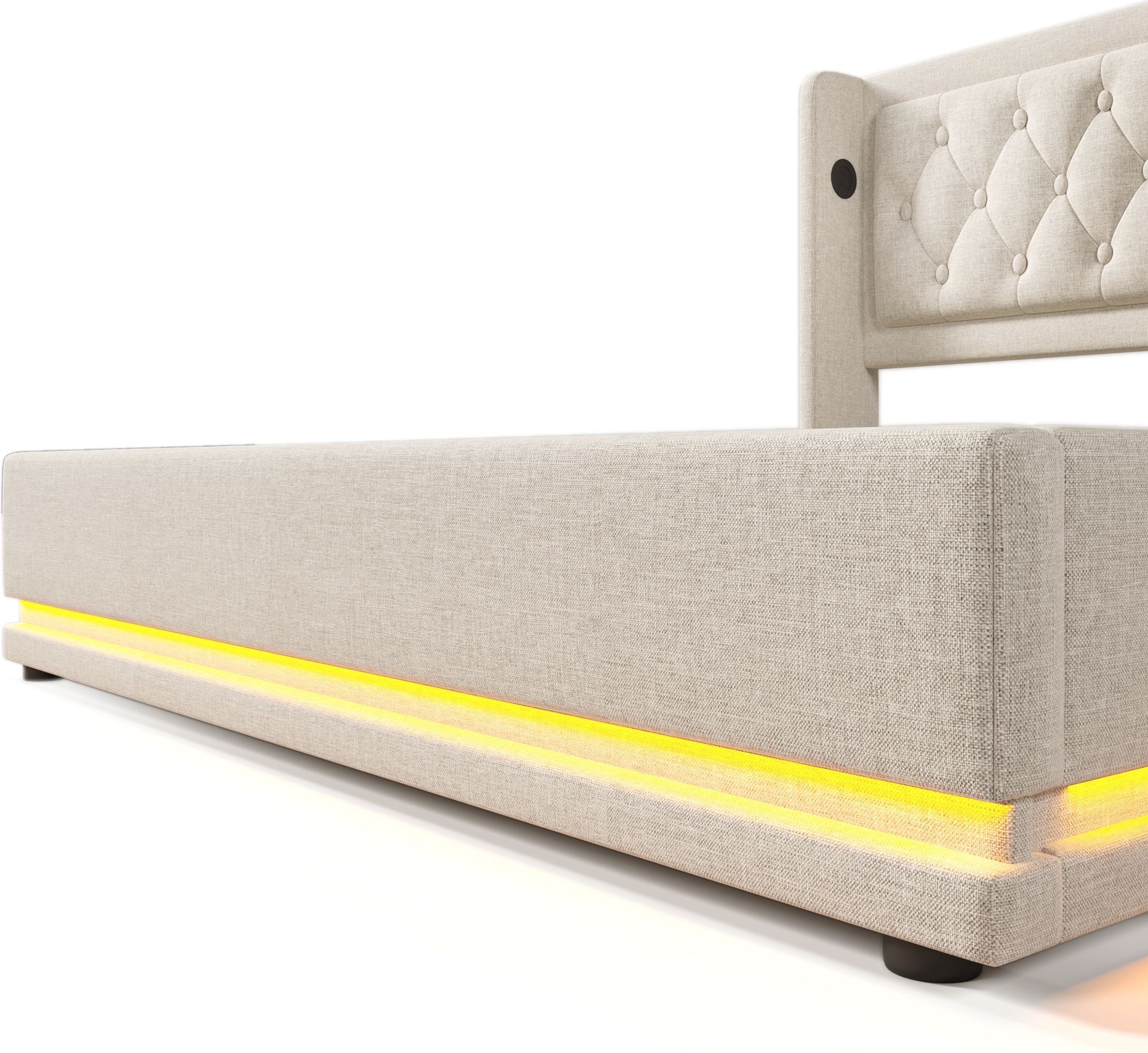 Flieks Polsterbett 160x200cm mit USB & Typ-C, Doppelbett Jugendbett mit LED, Hydraulisches Stauraumbett Boxspringbett mit Lattenrost, Baumwolle, Beige