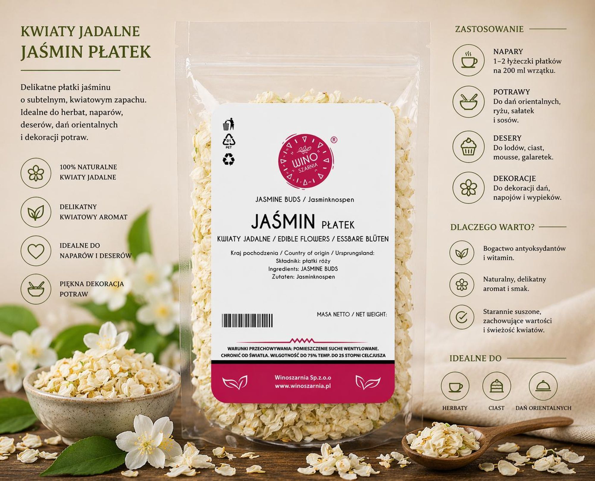 Jaśmin kwiat suszony płatek - 1kg Kwiaty Jadalne