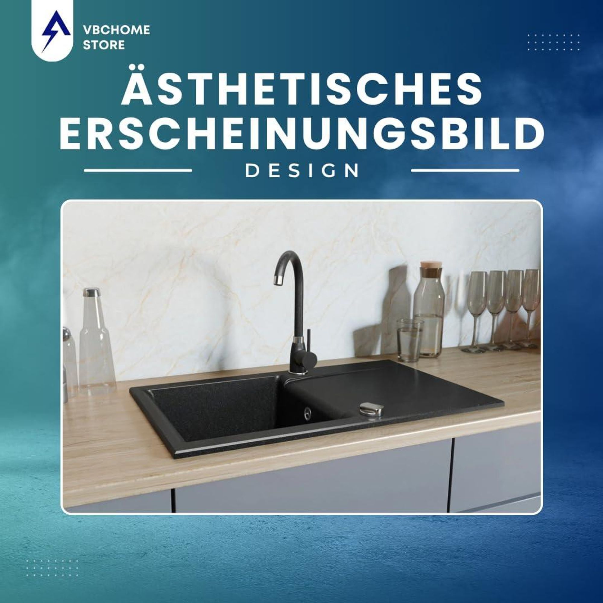 VBChome Granitspüle Schwarz 59 x 44 cm mit Armatur Einzelbecken Einbauspüle Reversibel Gesprenkelt Pflegeleichtes Spülbecken mit Siphon für Küchen