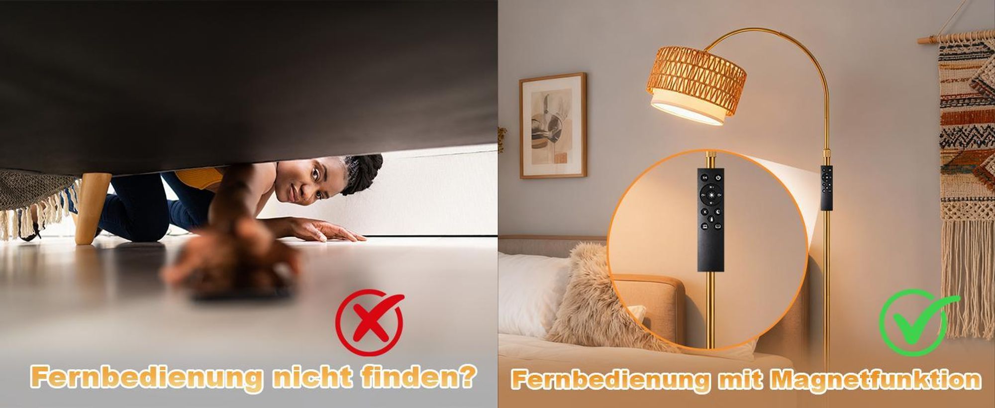 ZMH Stehlampe Boho Rattan Bogenlampe Gold dimmbare Stehleuchte mit Fernbedienung E27 LED Bogen Leselampe 350° drehbar Standlampe für Schlafzimmer Büro