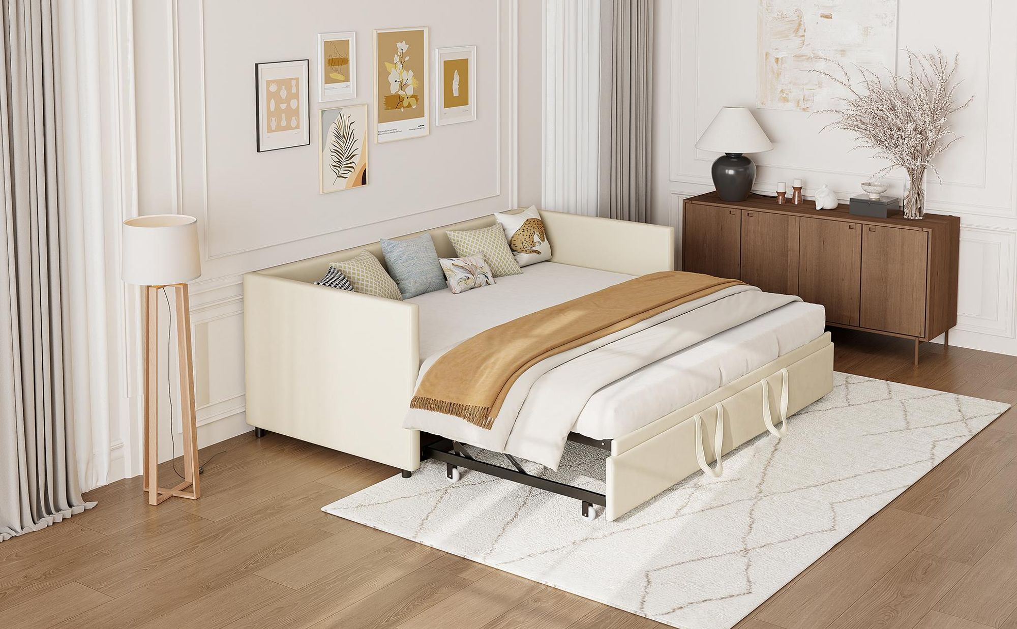 INONEFT Schlafsofa 90/180 x 200 cm, Tagesbett Ausziehbar Sofabett mit Lattenrosten, Polsterbett für Erwachsene, Samtstoff, ohne Matratze, Beige